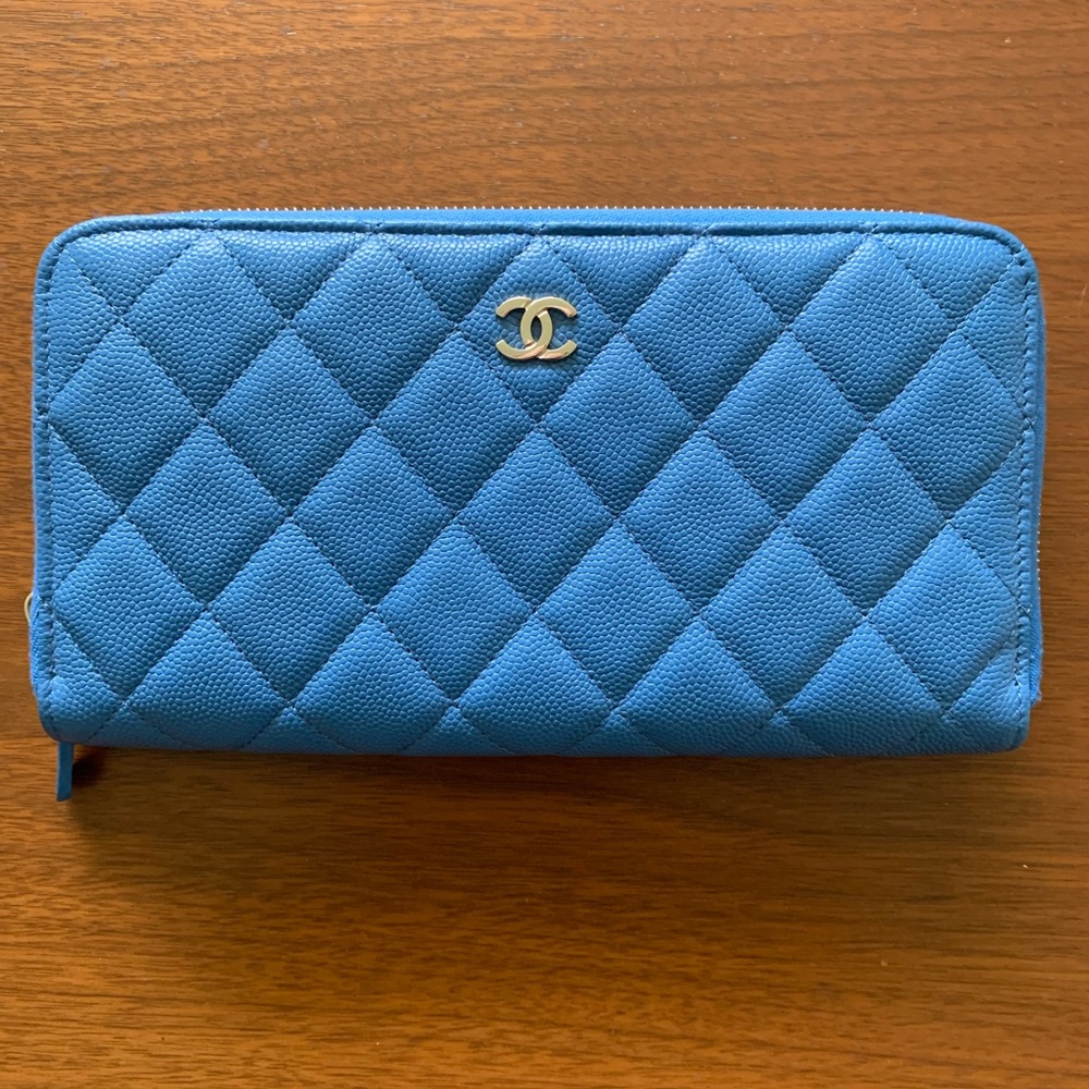 Chanel Blue Quilted Lambskin Zip Around Wallet